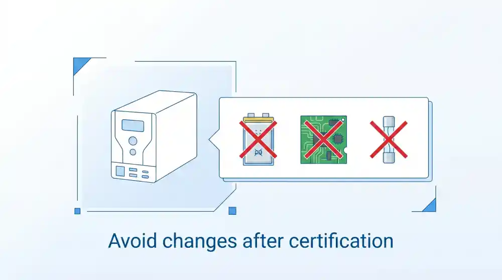 Risks of changing battery or PCBA after certification for Mini UPS
