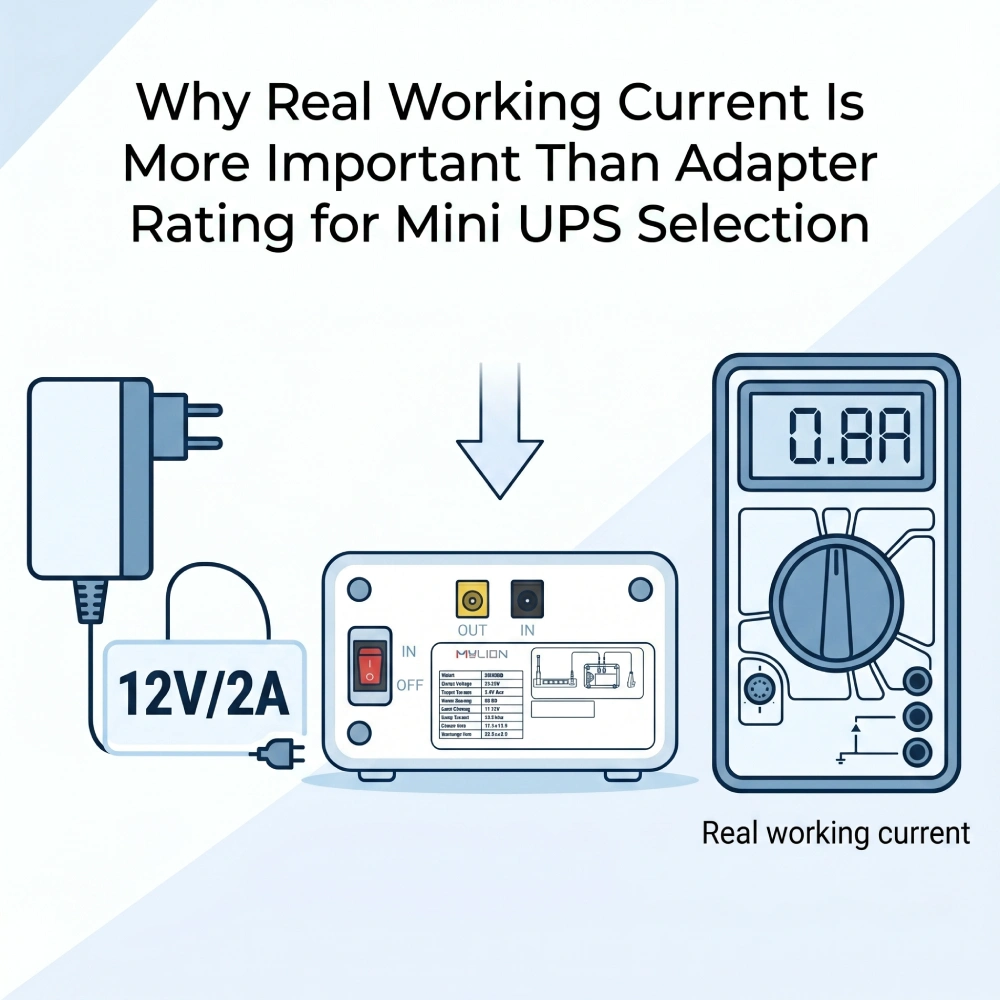 Comparison between adapter rating 12V 2A and real working current 0.8A measured from router