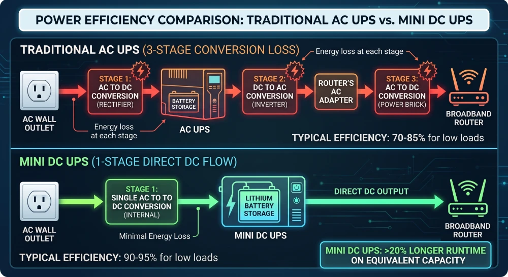 ower conversion efficiency diagram comparing AC UPS vs Mini DC UPS