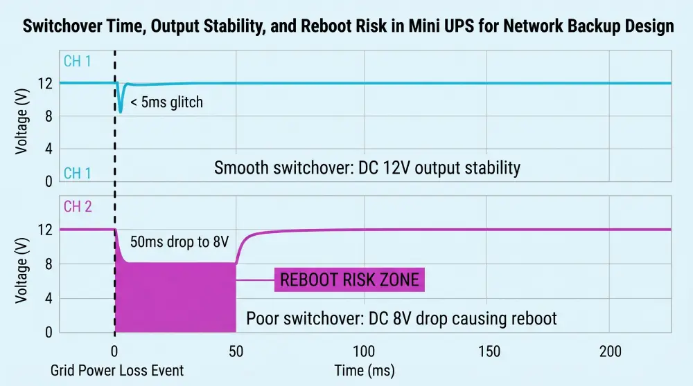 Switchover time comparison: smooth vs unstable mini UPS output causing device reboot