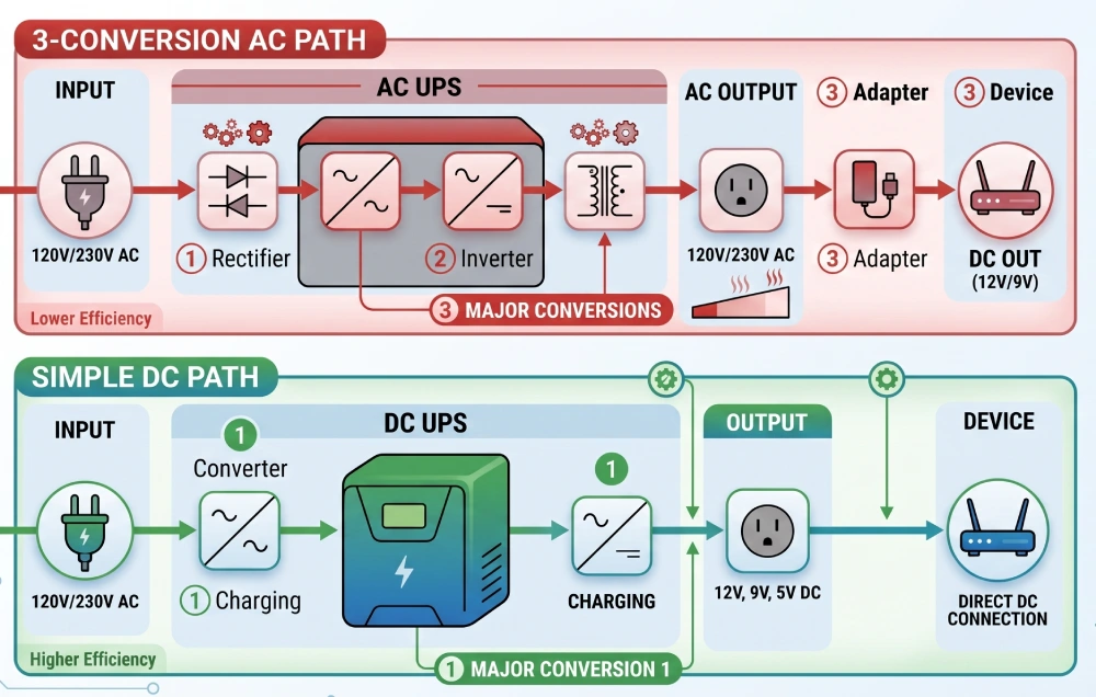 AC UPS vs DC Mini UPS energy conversion comparison for routers