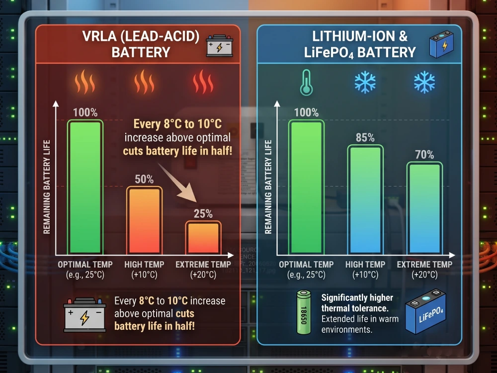 Chart comparing VRLA and LiFePO4 battery life degradation at high temperatures