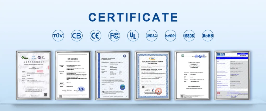 Common certifications for Mini DC UPS including IEC 62368-1 CE FCC RoHS UN38.3
