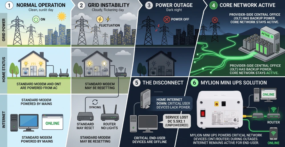 Diagram showing how Venezuela's power outages affect home internet connectivity.