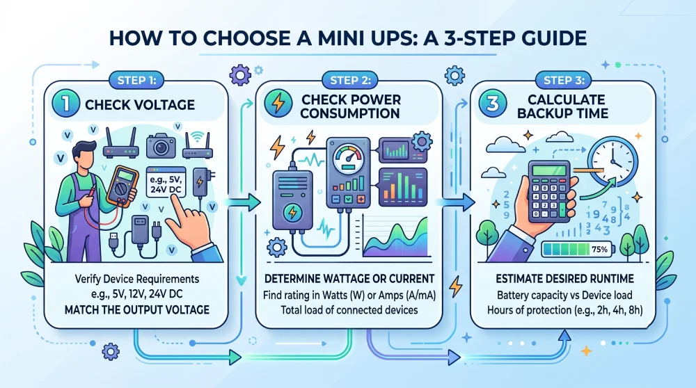 Infographic showing how to calculate router backup time and choose a Mini UPS.