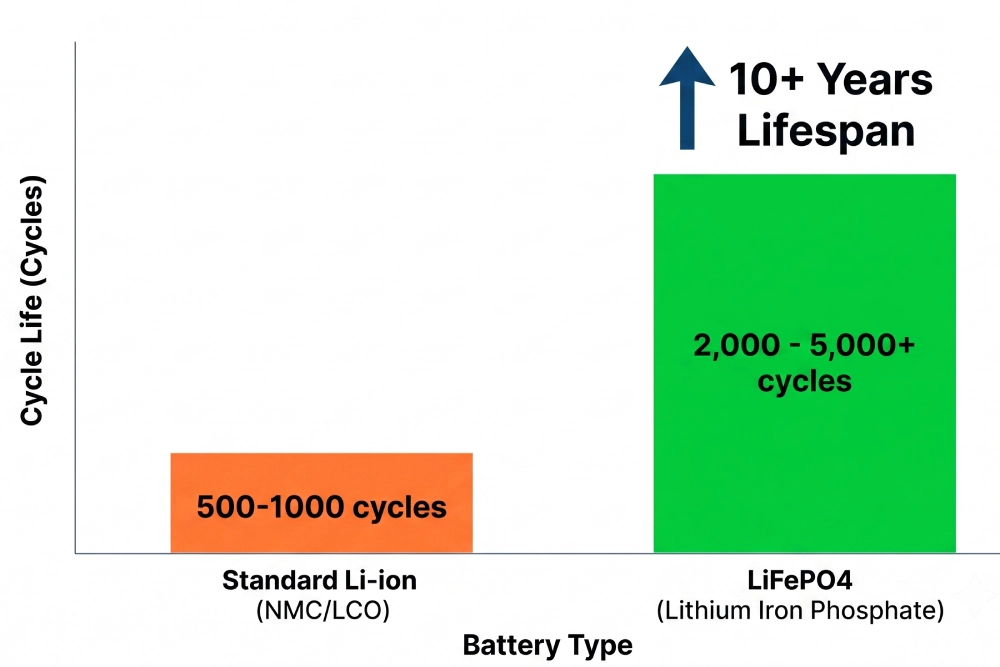 LiFePO4 cycle life 2000-5000 vs lithium-ion 500-1000