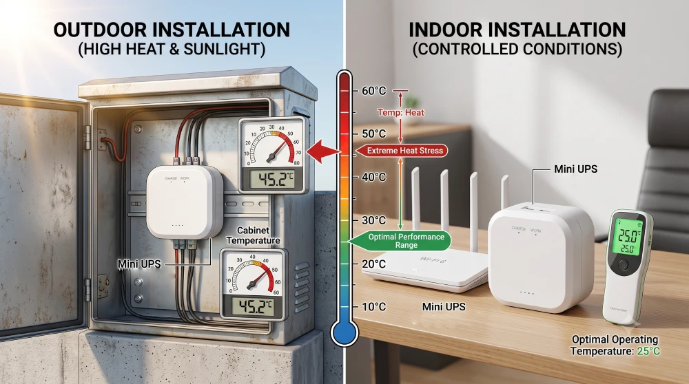 Mini UPS deployed in high temperature outdoor telecom cabinet vs indoor environment