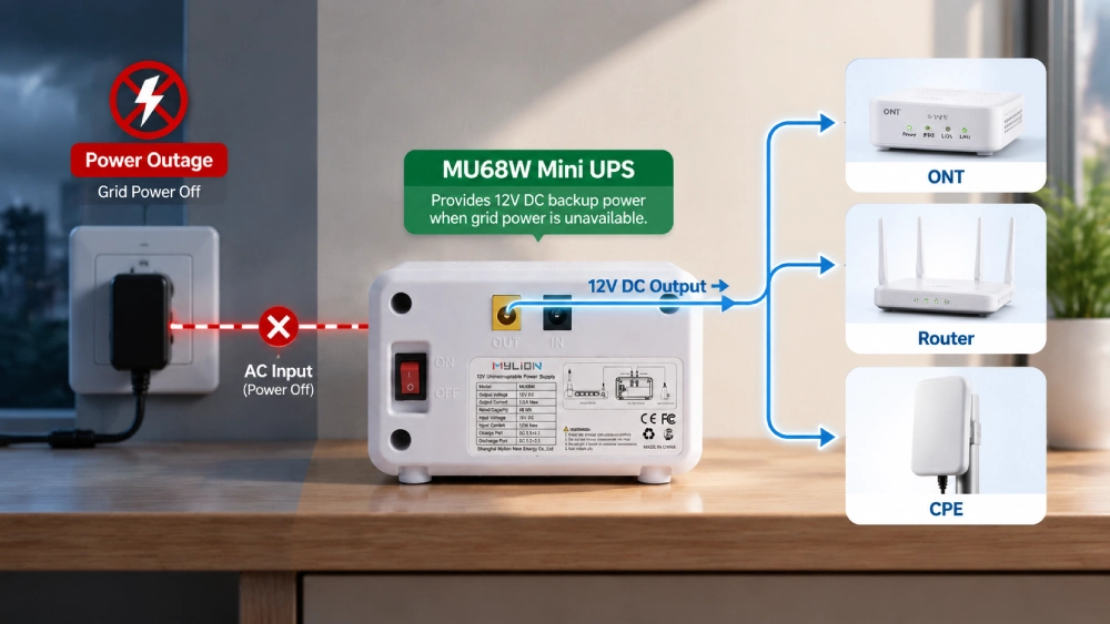 12V Mini UPS backup connection for ONT router and CPE