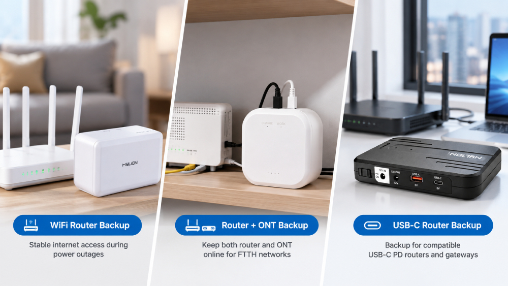 Mini UPS backup configurations for WiFi routers and ONT devices